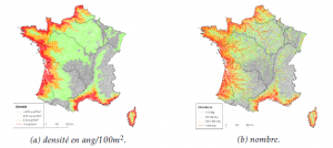 Prédictions du modèle EDA sur le réseau RHT, a) densités et b) abondances par tronçons hydrographiques pour le mois de septembre 2009. (Source : Jouanin et al., 2012)