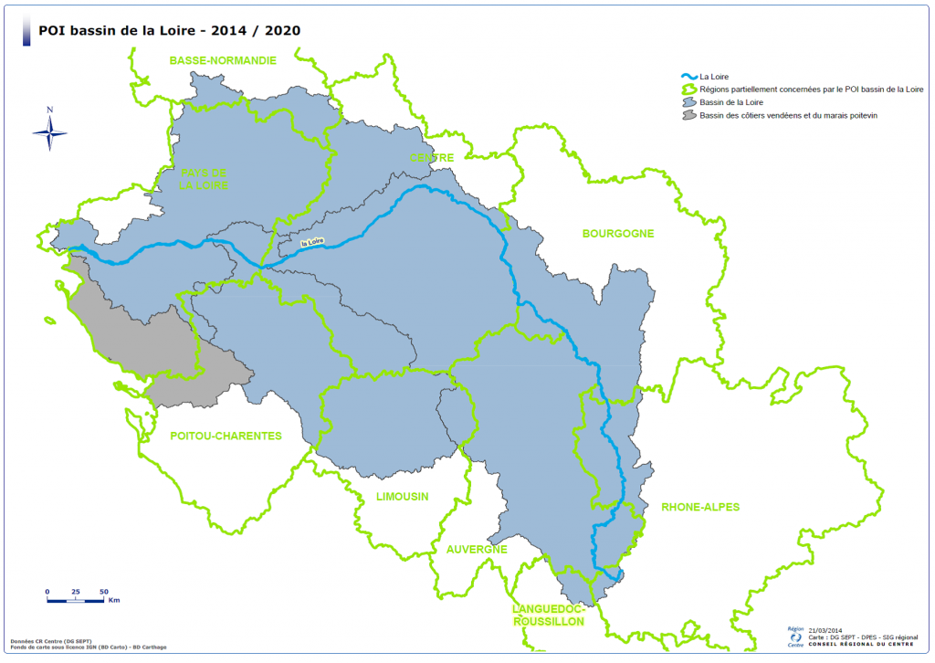 Régions du bassin versant de la Loire. Source POI 2014-2020 / Région Centre