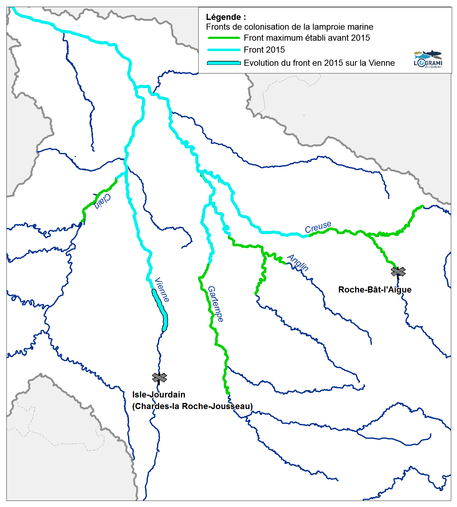 Fronts de colonisation de la lamproie marine sur le bassin Vienne en 2015
